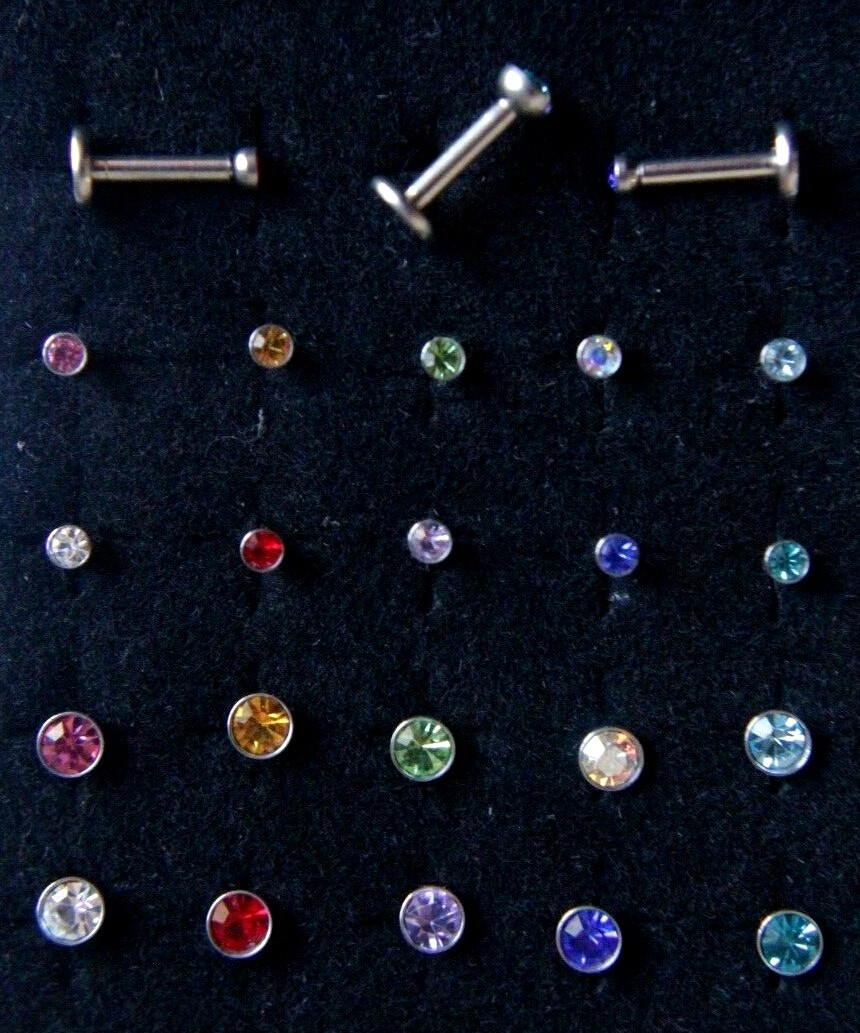 1 5 10x 6-8mm Internally Threaded Bar Labret 2-3mm Crystal Gem Earing Stud Helix