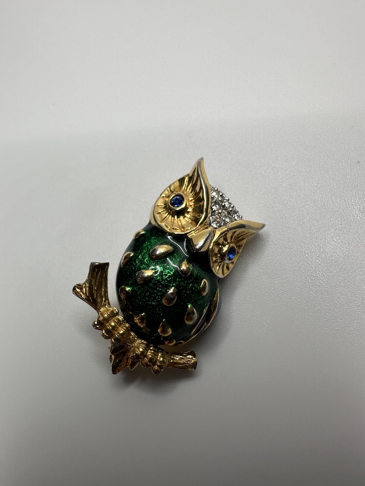 Vintage Gold Blue Green Enamel Rhinestone Owl Brooch 3.6cm JB8