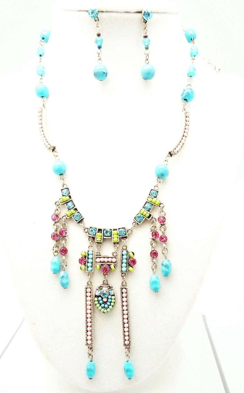 DESIGNER INSPIRED PINK CRYSTAL BLUE FAUX TURQUOISE ACRYLIC SILVER JEWELRY SET