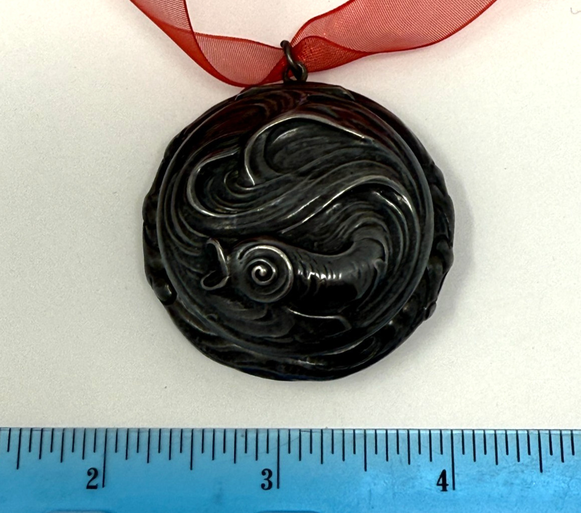 XL Repousse Sea Serpent Sterling Silver Puff Locket Snuff Pill Box Pendant