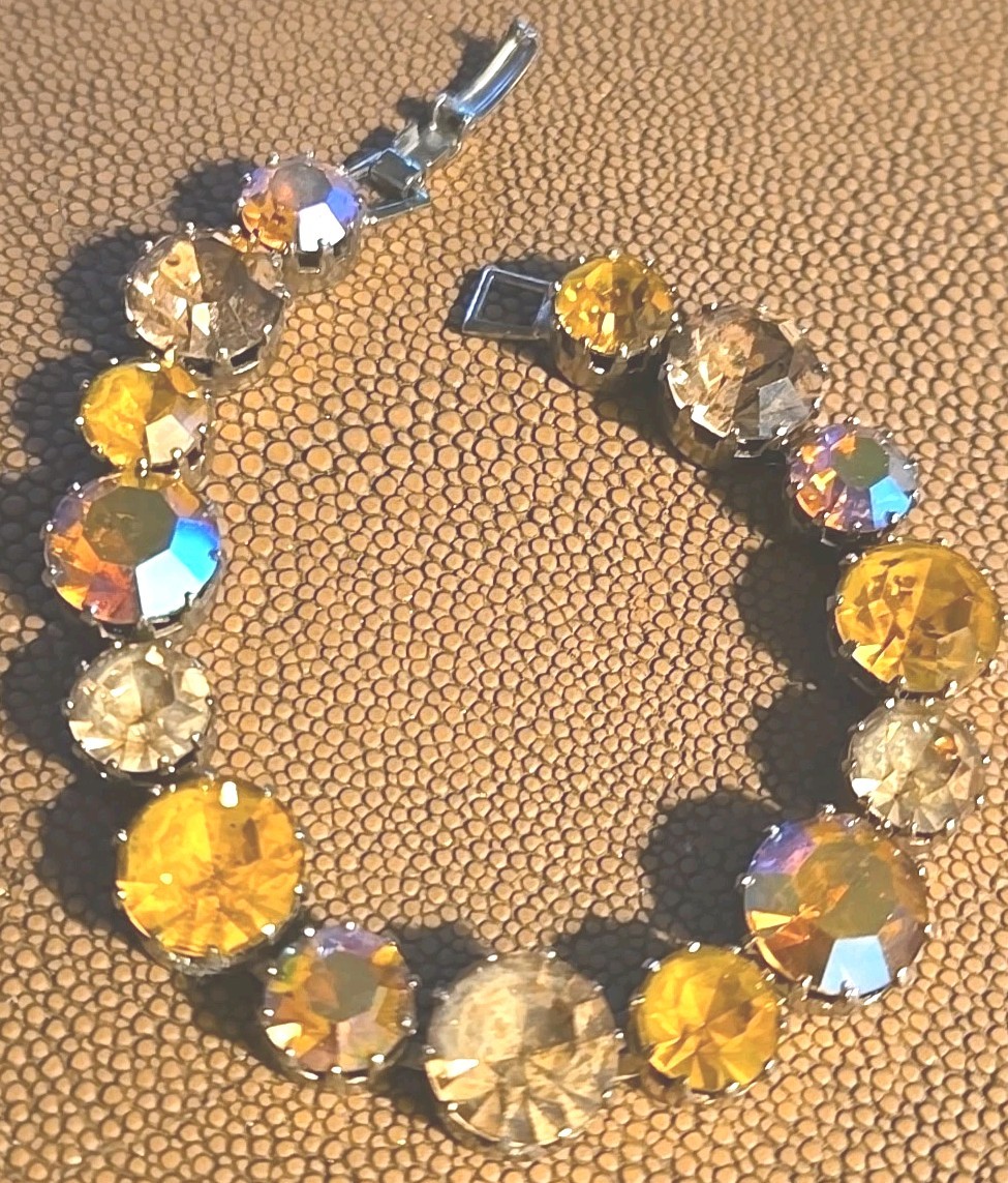 Vintage Faux Topaz Citrine Glass AB Rhinestone Bracelet 7.5 Inch Estate Jewelry