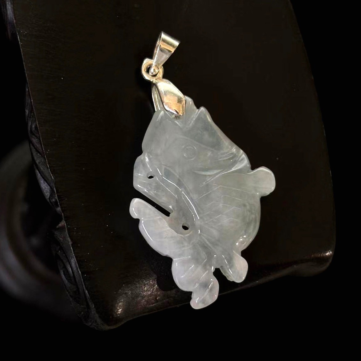 Hi-grade Natural Ice White Jade Jadeite Pendant ‘Koi Fish’, 30x20mm, w/Necklace