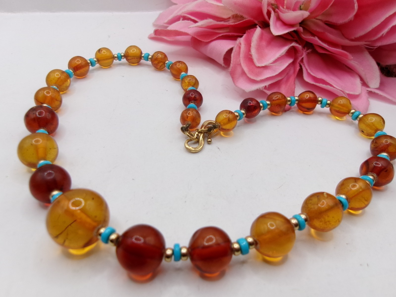 VTG WBE 18K Solid Gold S Hook Clasp on Baltic & Golden Amber Turquoise Necklace
