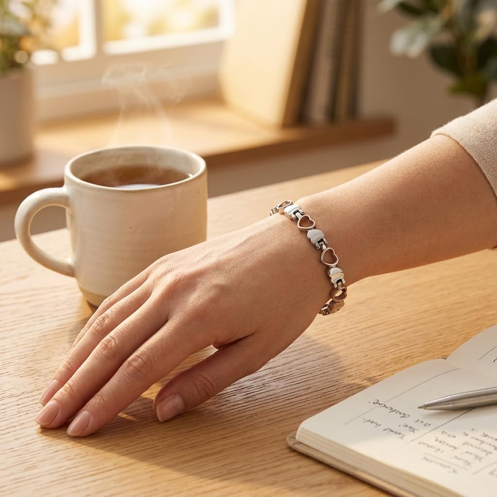 Heart Accent Bracelet for Women – Silver Plated Two Tone Rose Gold Link Jewel…