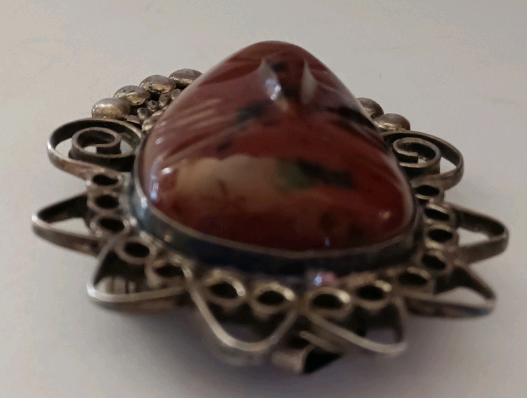 Vintage Mexican Aztec Face Mahogany Obsidian Brooch Pendant Sterling Marked