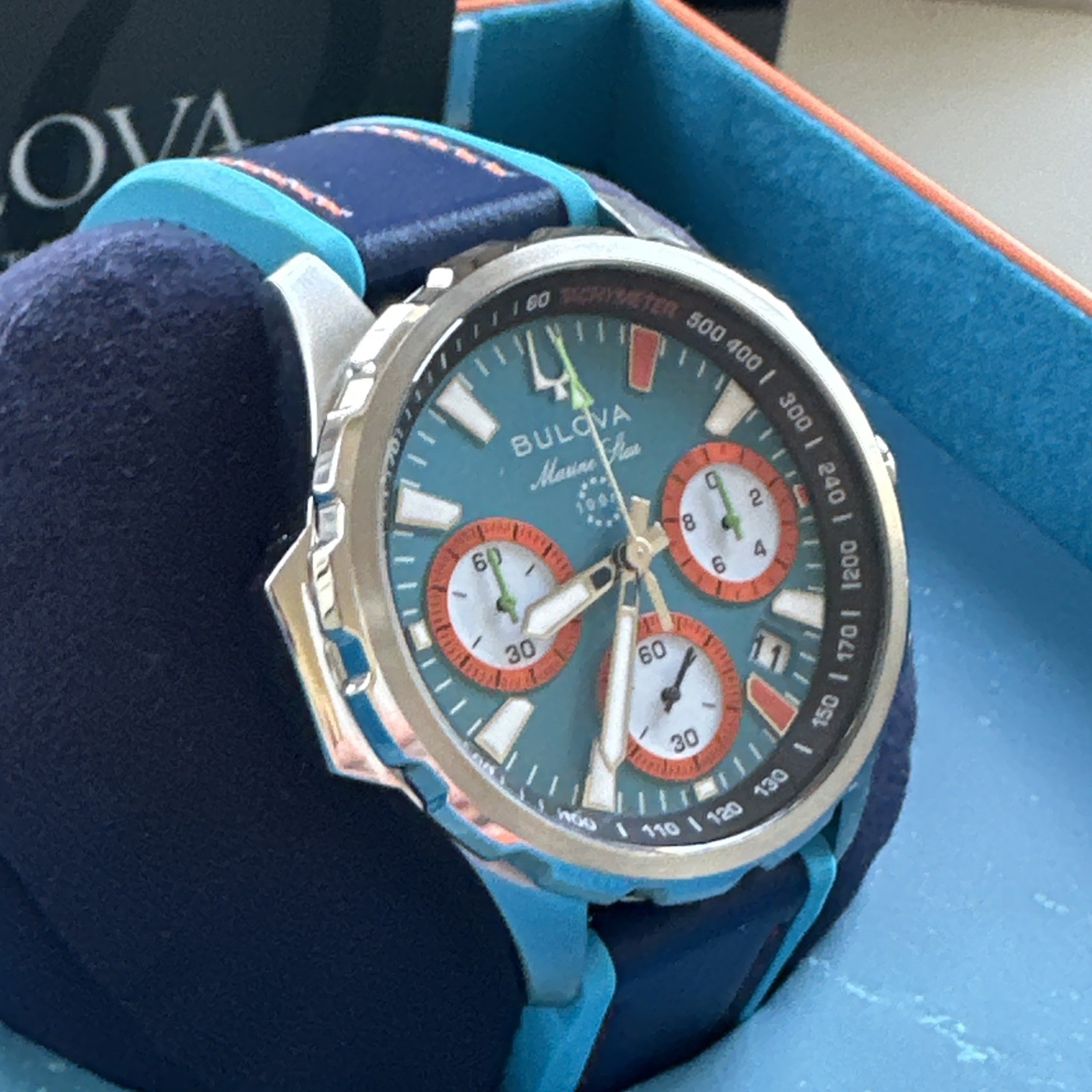 Bulova Men’s Marine Star Chronograph Small Second Quartz Blue Watch 43MM 96B460