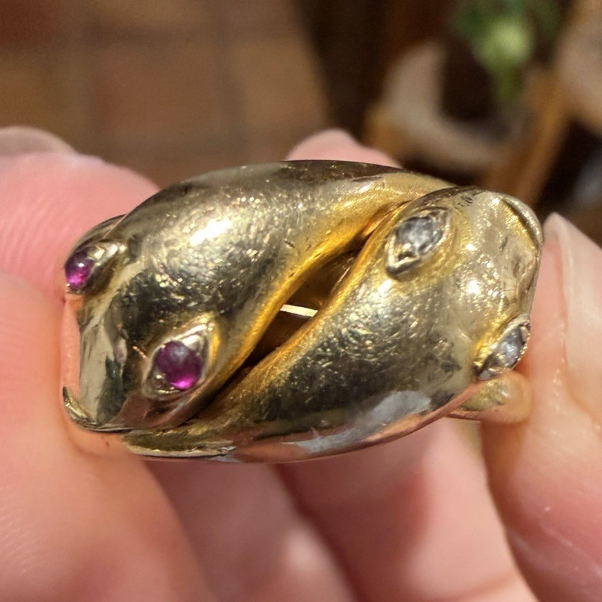 Antique Rare Victorian 18K Yellow Gold Diamond & Ruby Snake Ring