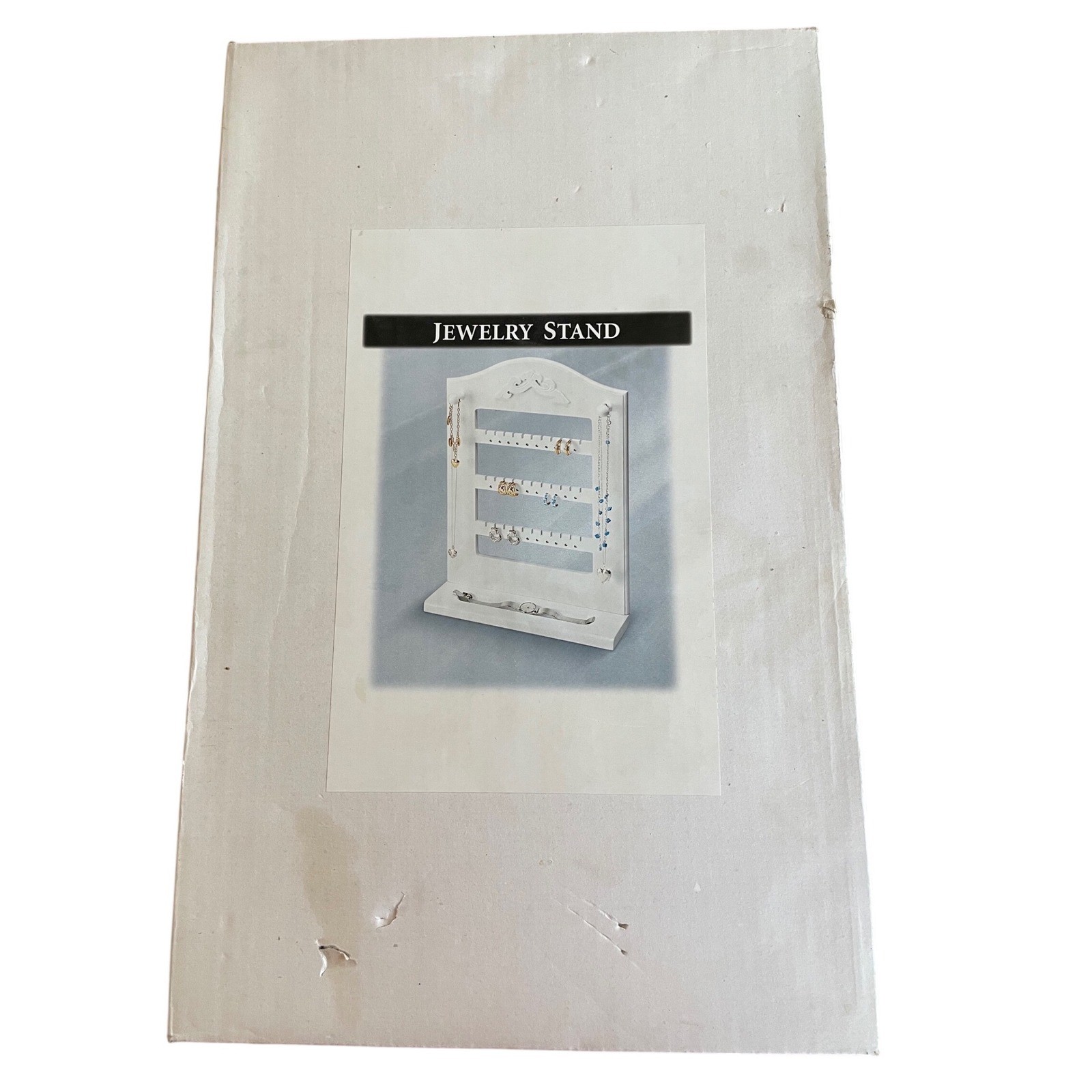 NIB White Shabby Chic Wooden Jewelry Stand Countertop Earring Holder Organizer