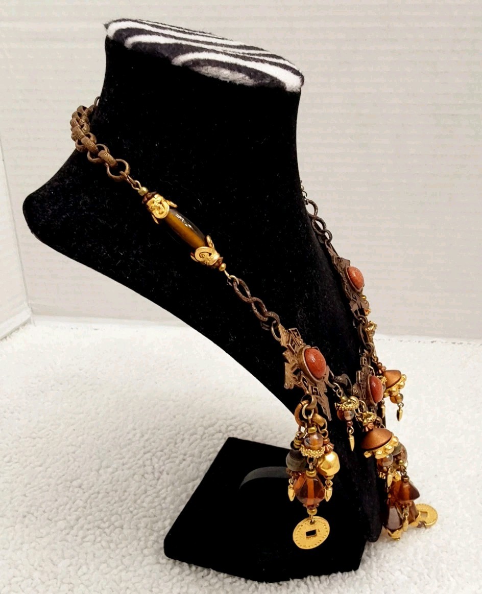 Vintage Robert Rose Necklace Gold Brown Beaded Egyptian Jewelry