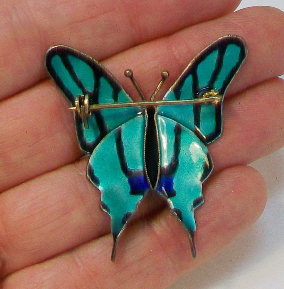 Vintage CHINESE EXPORT Cloisonne Enamel BUTTERFLY Figural Silver Pin Brooch