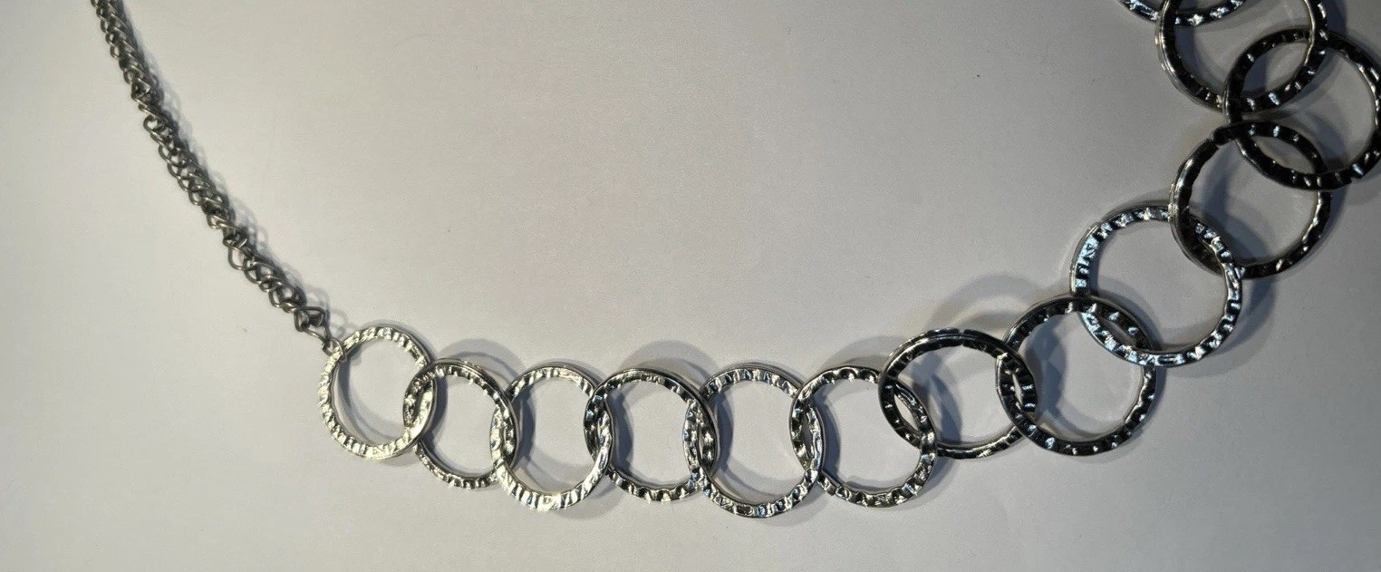 Women’s Silver Hoop Chains Necklace 28” Loops Circles Overhead No Clasp Wear NEW
