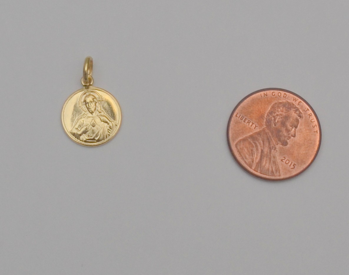Small 18K Gold Sacred Heart of Jesus Our Lady of Mount Carmel Medal Pendant P3
