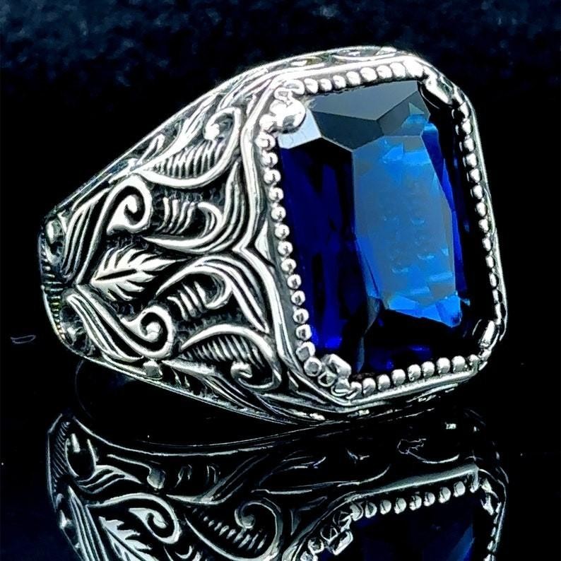 925 Men Silver Handmade Engraved Blue Stone Ring