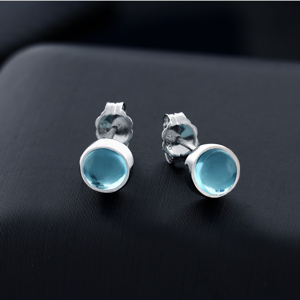 2.00 Ct Swiss Blue Topaz Gemstone Round Cabs 925 Sterling Silver Stud Earrings