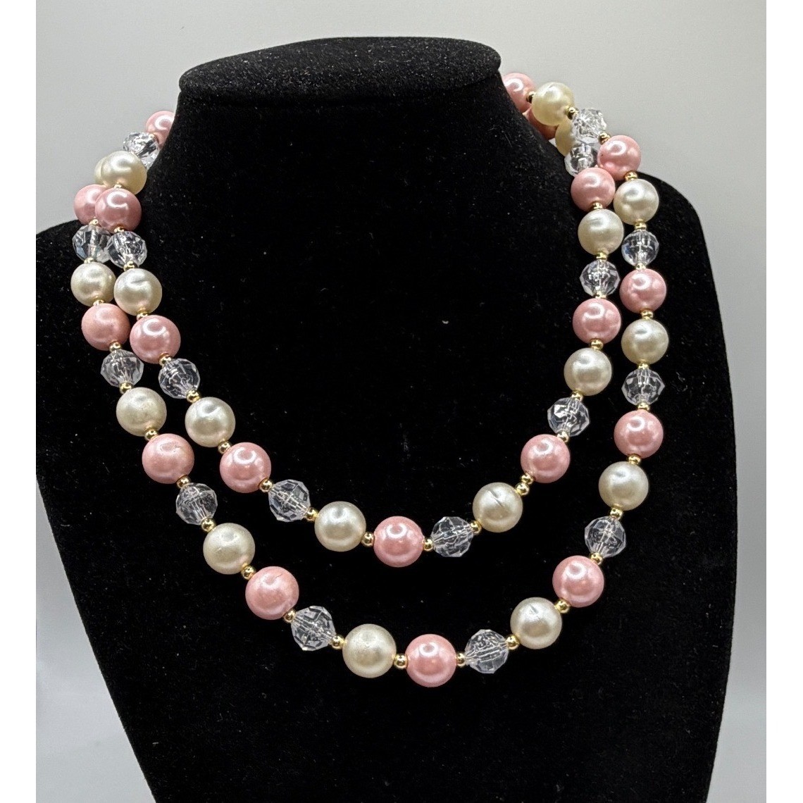 32″ Long Vintage Pastel Pearl Necklace Pink White Crystal Beads Spring Easter