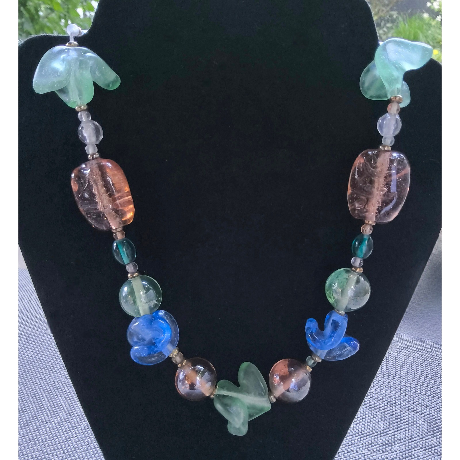 Vintage Artisan Glass Bead Necklace Sea Glass Bubble Glass Coastal Statement