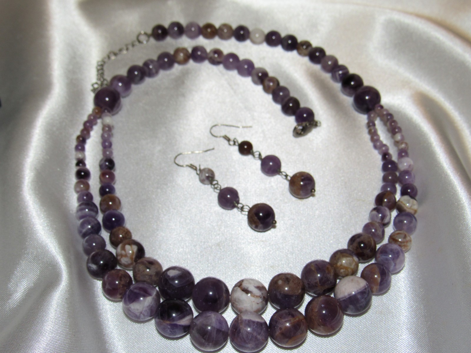 Amethyst Purple Agate Beaded Gemstone Necklace w Matching Dangle Earrings