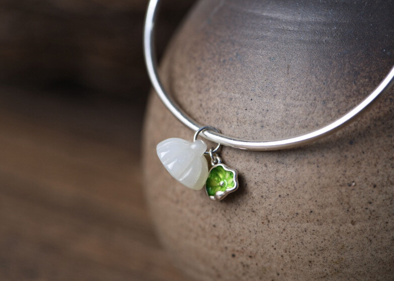 I05 Bangle Lotus Flower Leaf Bud Bright Jade Silver 925