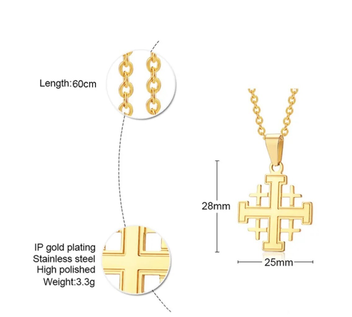 Gold Plated Stainless Steel Jerusalem Cross pendant + 55cm (21.7 in) chain