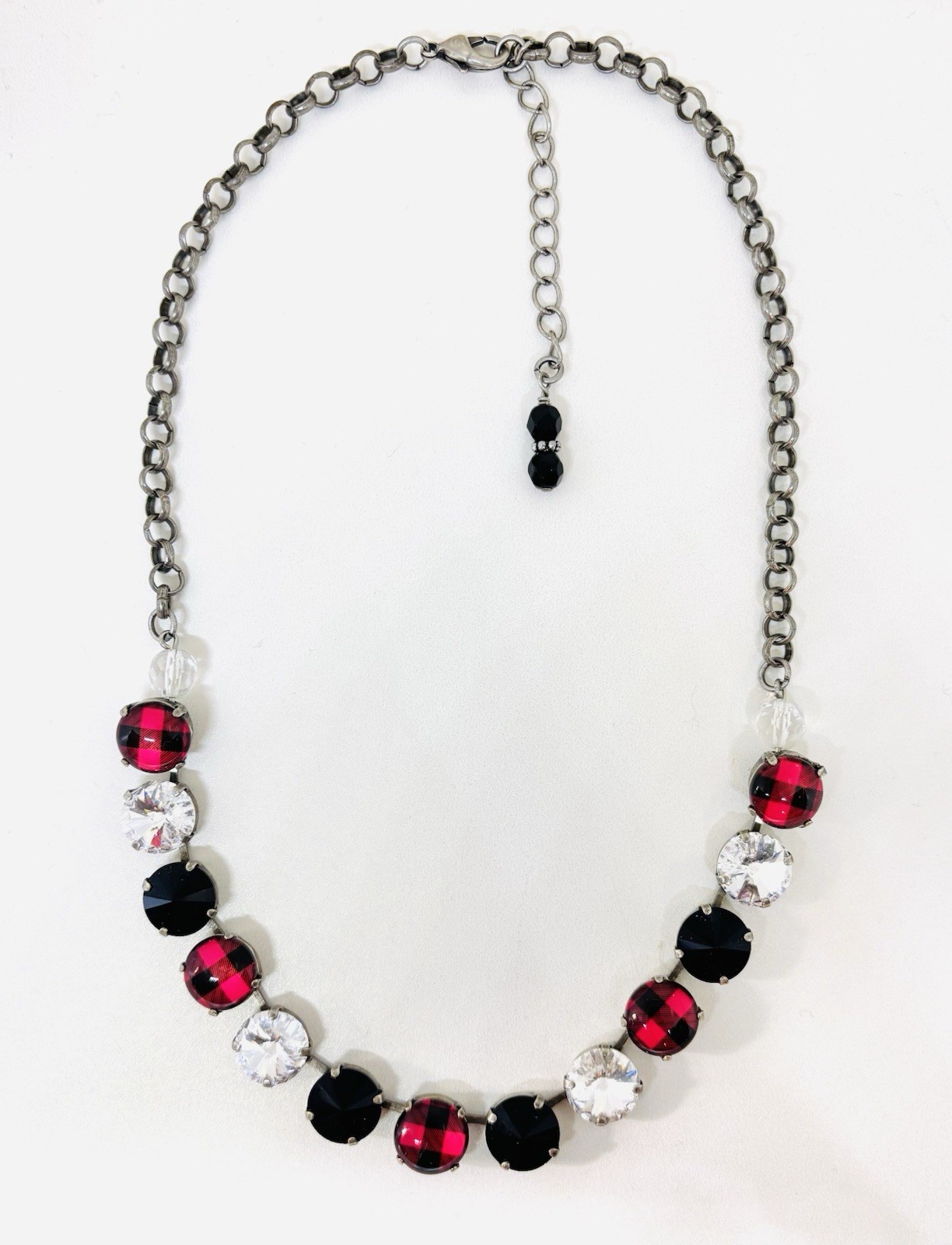 Red Plaid Cup Chain Statement Necklace made with Jet Black Austrian Crystals