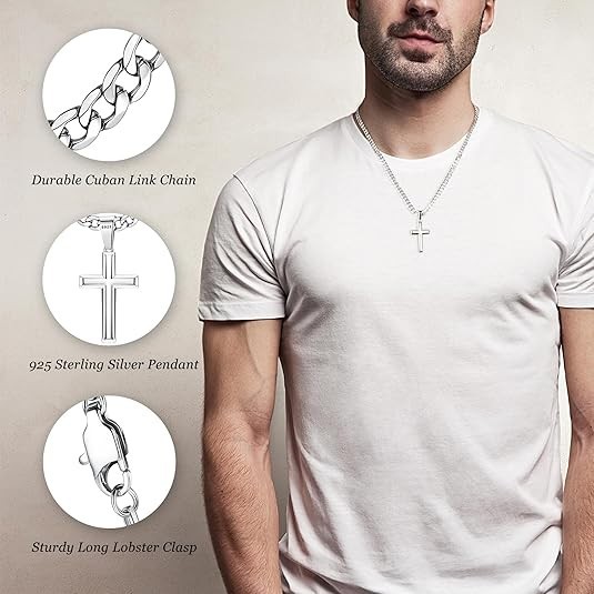 925 Sterling Silver Cross Necklace Men – Beveled Edge Cross Pendant with 5Mm 316