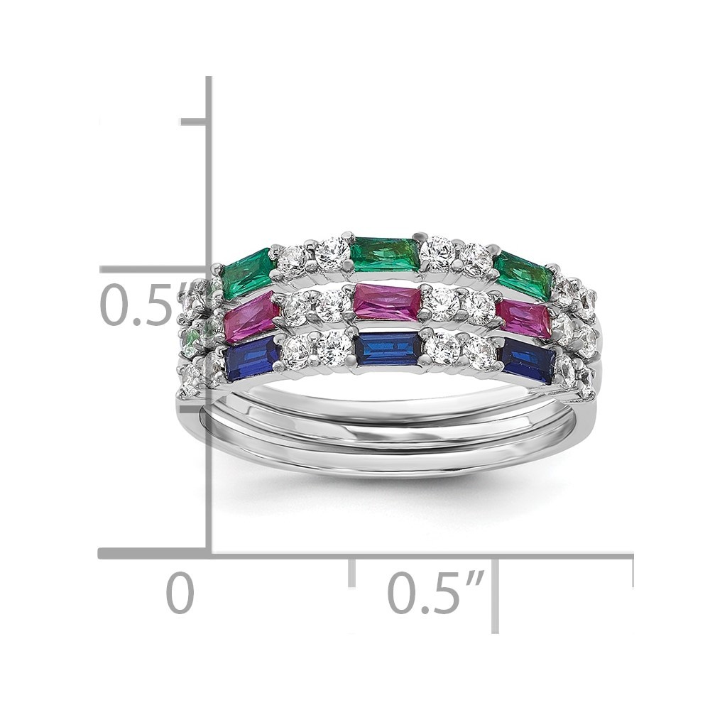 Sterling Silver Green, Red and Blue Cubic Zirconia 3 Ring Set Size 7