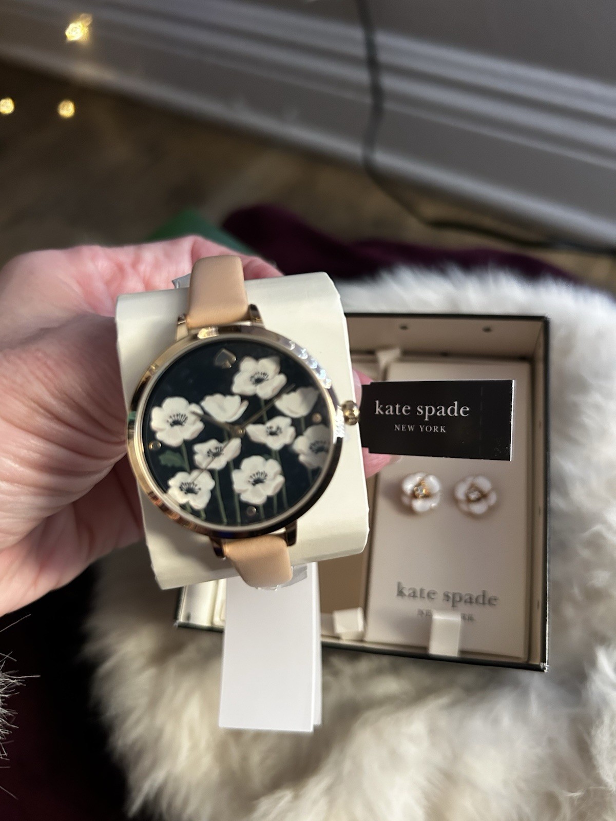 Kate Spade Floral Watch & Earrings Set Leather Metal Enamel Beige Gold
