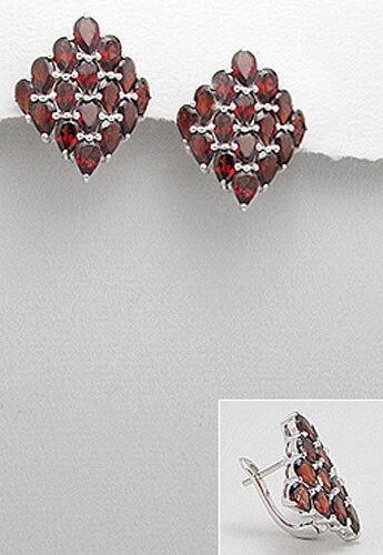 Sterling Silver Natural Red Garnet Cluster Stud Earrings 1″ Long English Lock