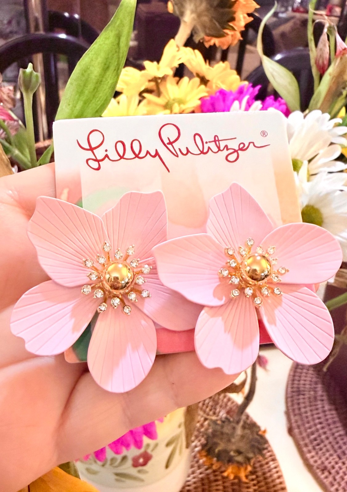 LILLY PULITZER ORCHID FLOWER EARRINGS 🩷 NWT Resort Pink /gold/Crystal⭐️PIERCED