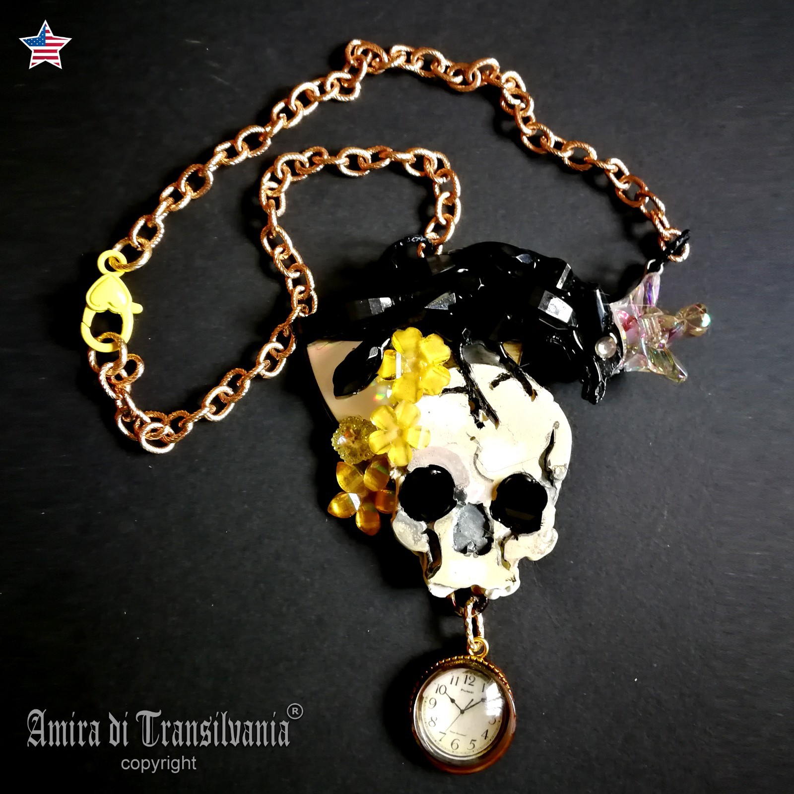 Magic Talisman Black Raven Crow Necklace Skull Pendant Amulet Memento Mori Clock