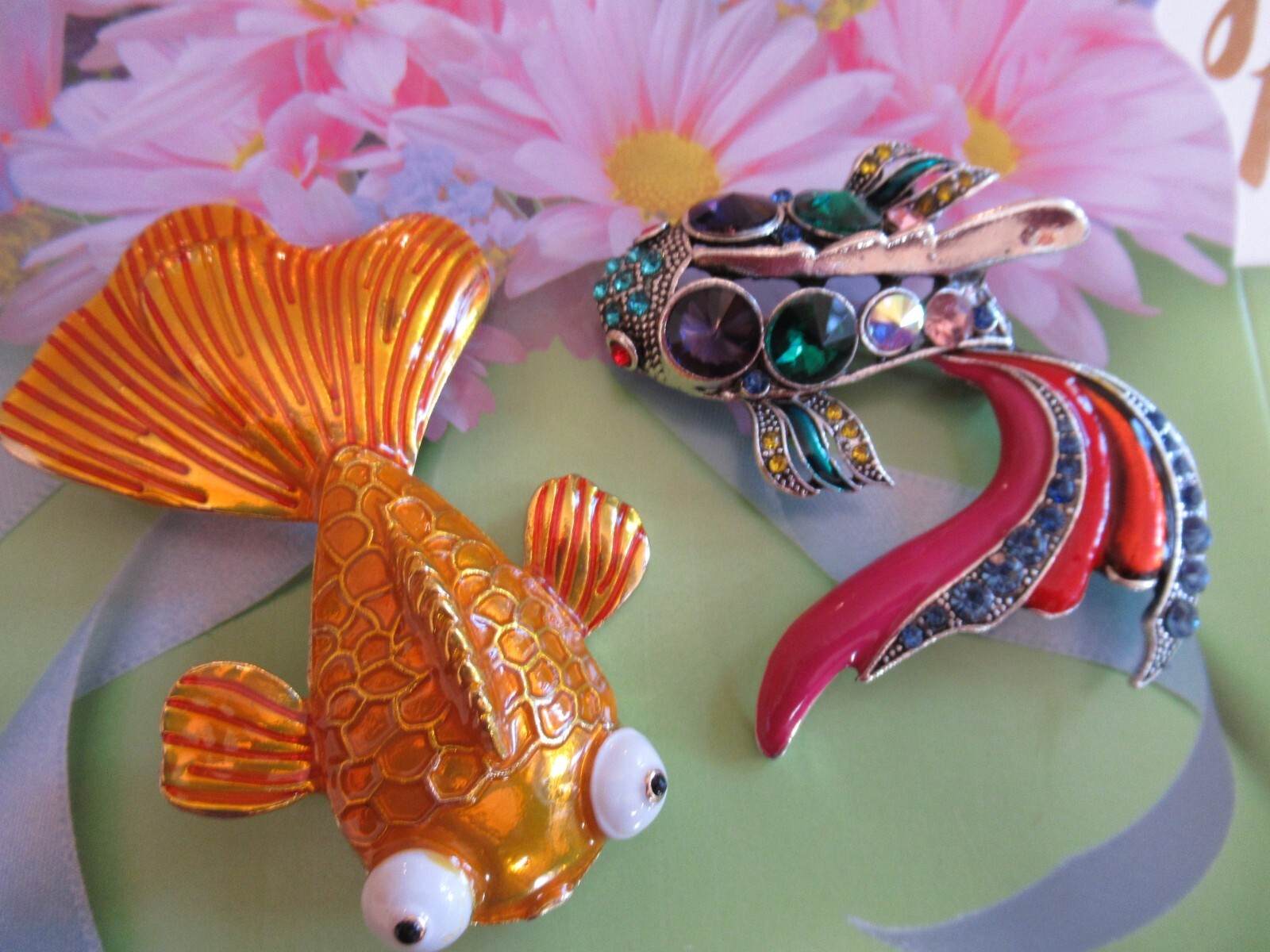 LARGE GOLD FISH ENAMEL MULTI-COLOR RHINESTONES & GEMSTONE BROOCH- YOU CHOOSE