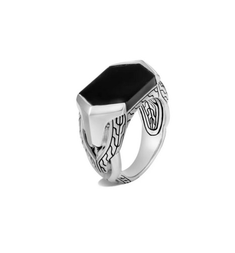 Mens Solitaire Signet Ring With 935 Argentium Silver, Black Hexagonal Onyx Stone