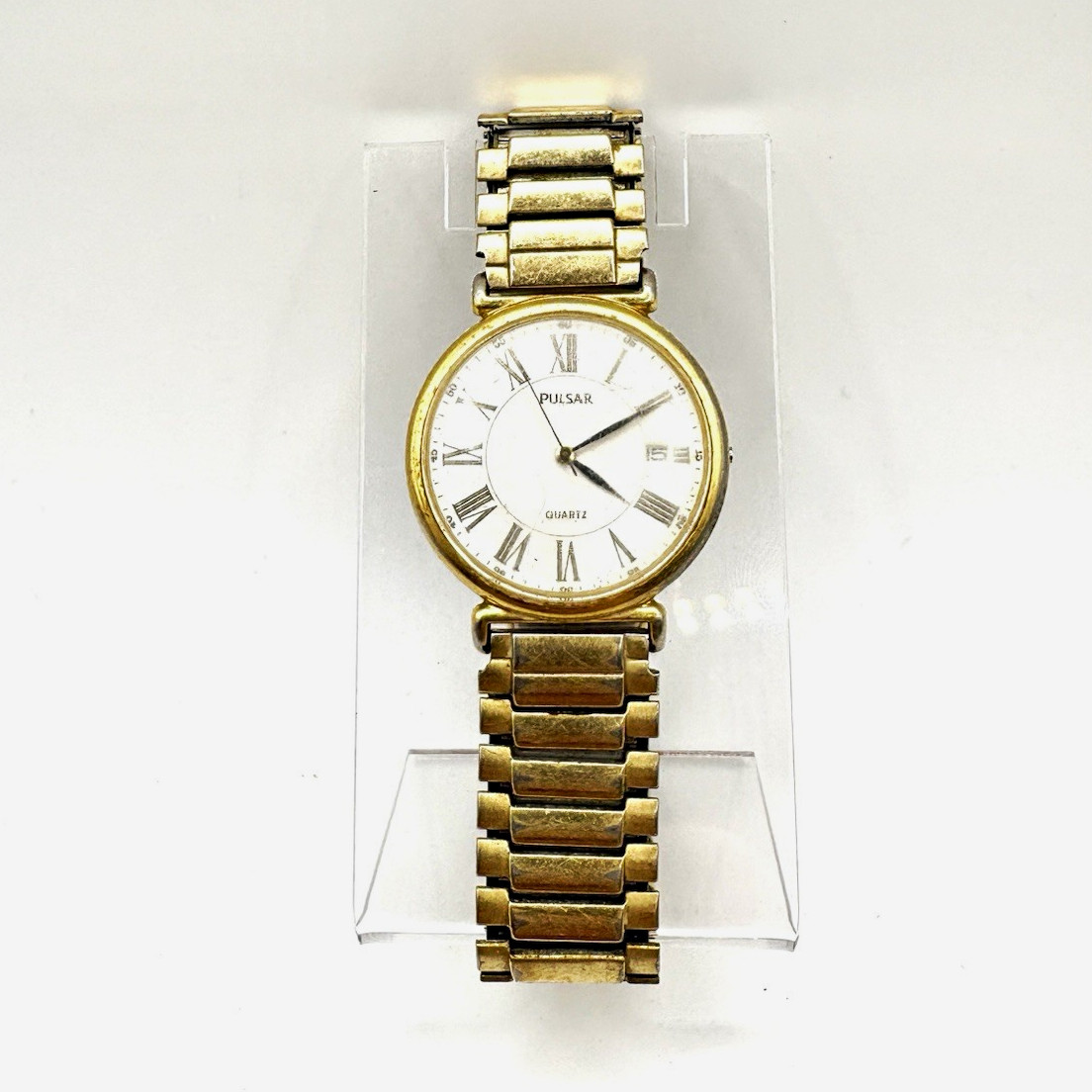 Pulsar Quartz Gold Tone Bracelet Watch White Dial Roman Numerals Date