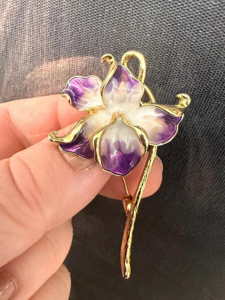 New Orchid Enamel Flower Brooch, 2.28-Inch, 14K Gold‑Plated Pin