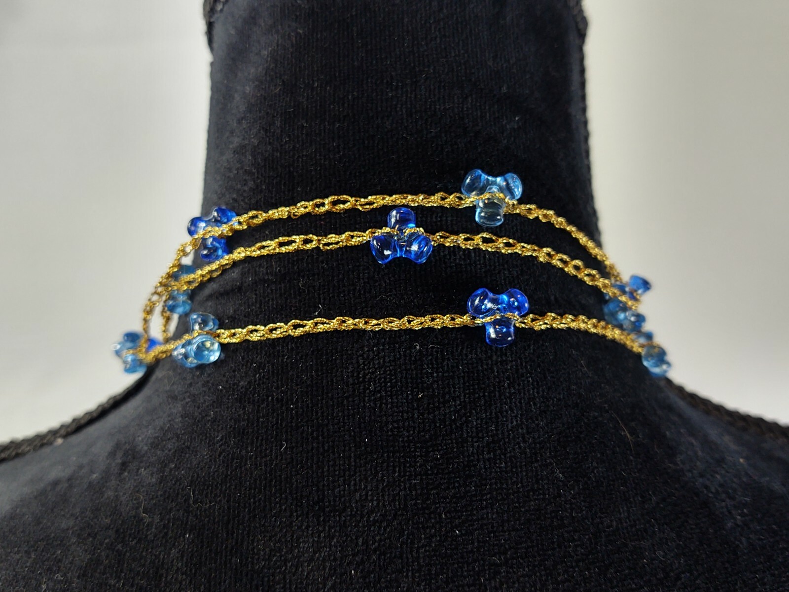 Vintage Blue Plastic Beaded Necklace Long Gold Tone Chain Costume Jewelry
