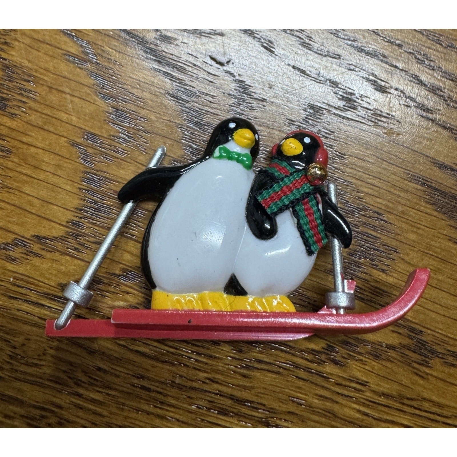 Vintage Brooch Pin Acrylic Christmas Winter Male Female Penguins Skiing 2.25”
