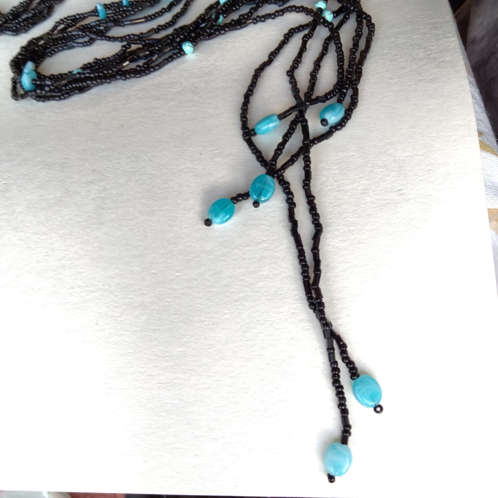 NWT 60 in LONG Black & Blue Open End Boho Statement Necklace Belt
