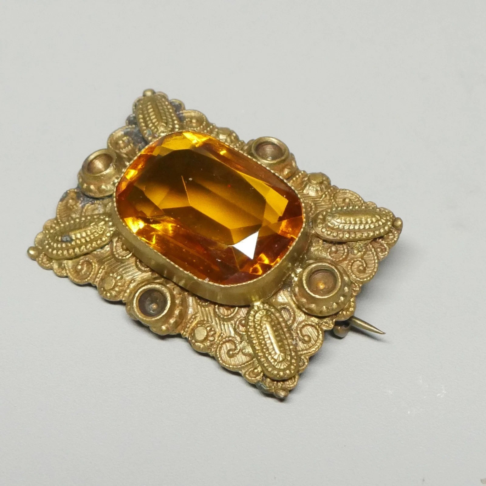 Antique Victorian Flame-Fusion Honey Yellow Sapphire Filigree Brooch c 1900