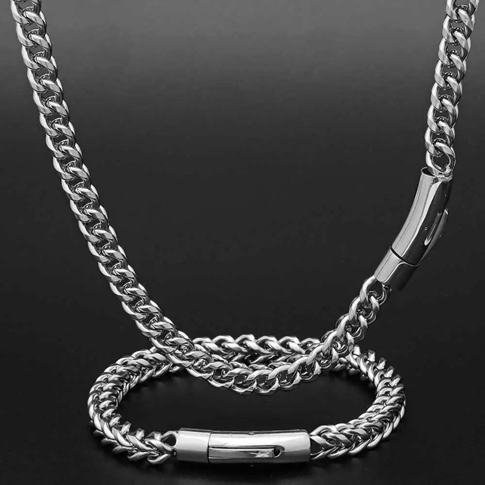 Braided Wheat Black Chain Necklace Bracelet Stainless Steel Mens Fashion Jewelry