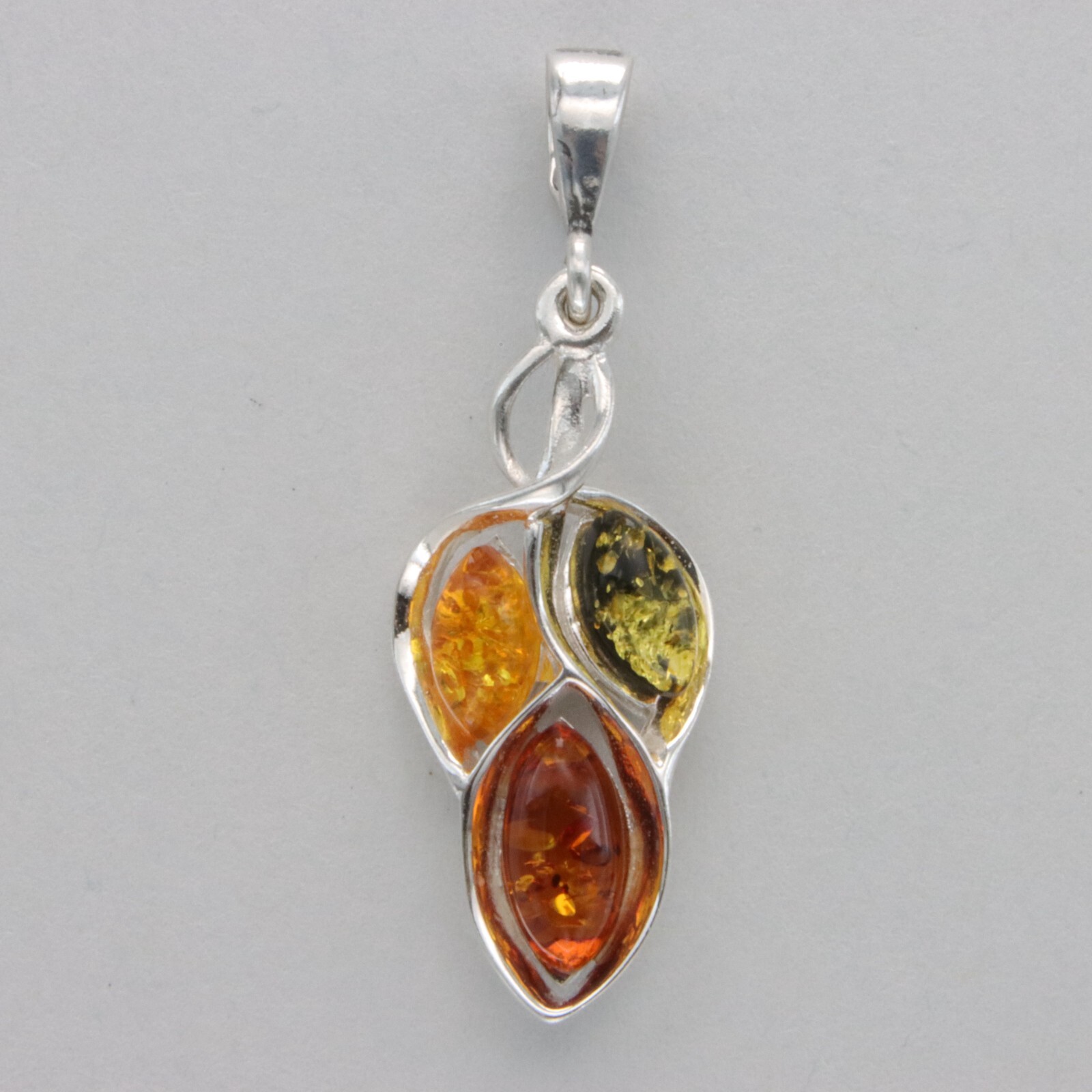 Triple Oval Multi-Color BALTIC AMBER Pendant – 925 STERLING SILVER – Poland #23e
