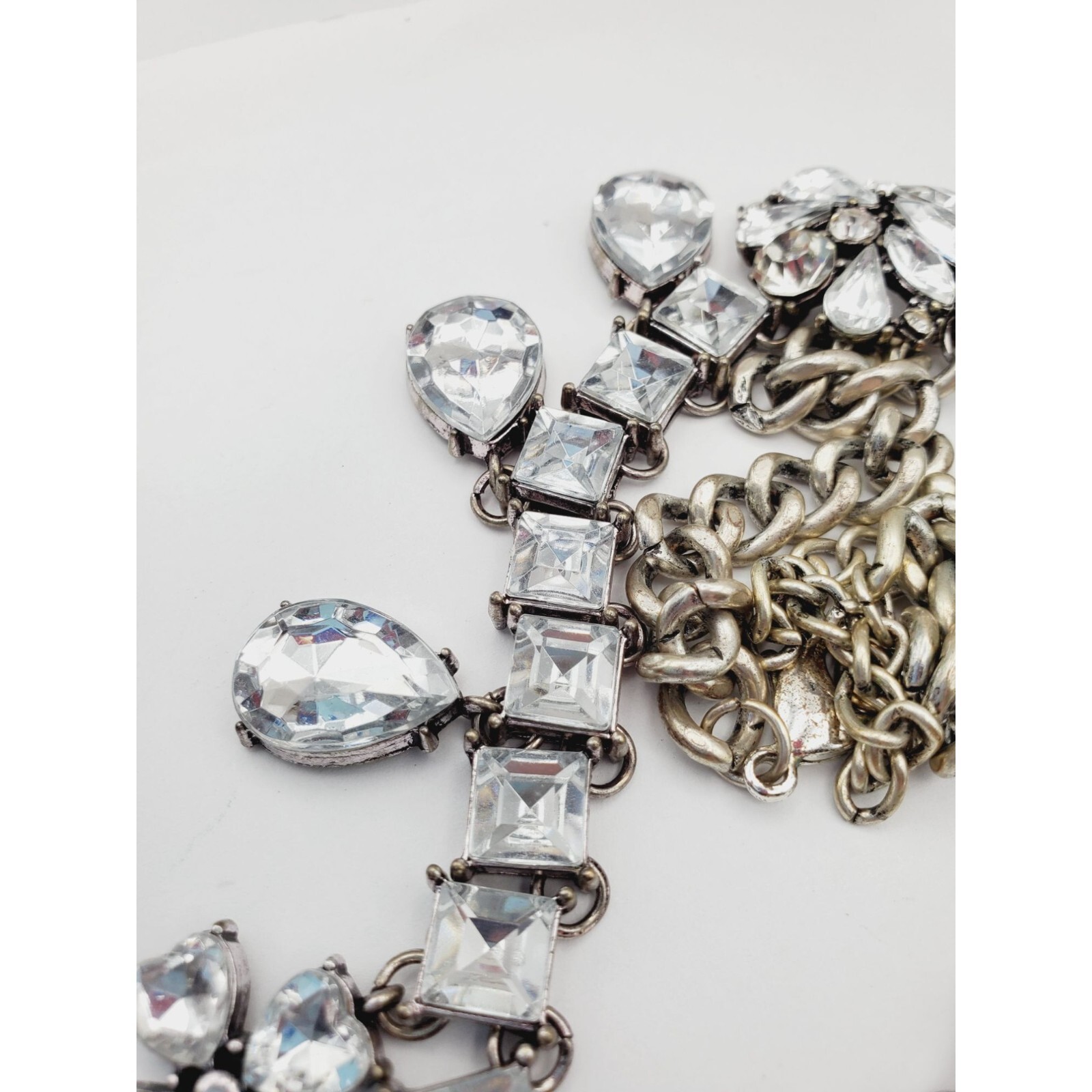 Statement silver tone Rhinestone flower square tear drop pear Necklace 18″