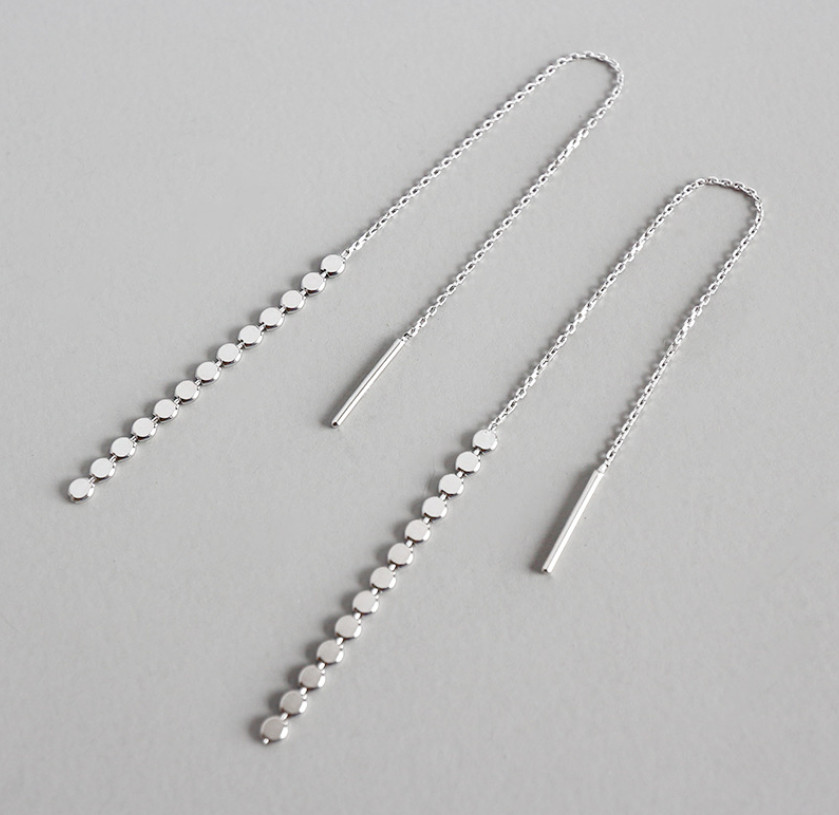 Women Sterling Silver Plated Pull Through Threader Dangle Disc Dots Earrings TH3