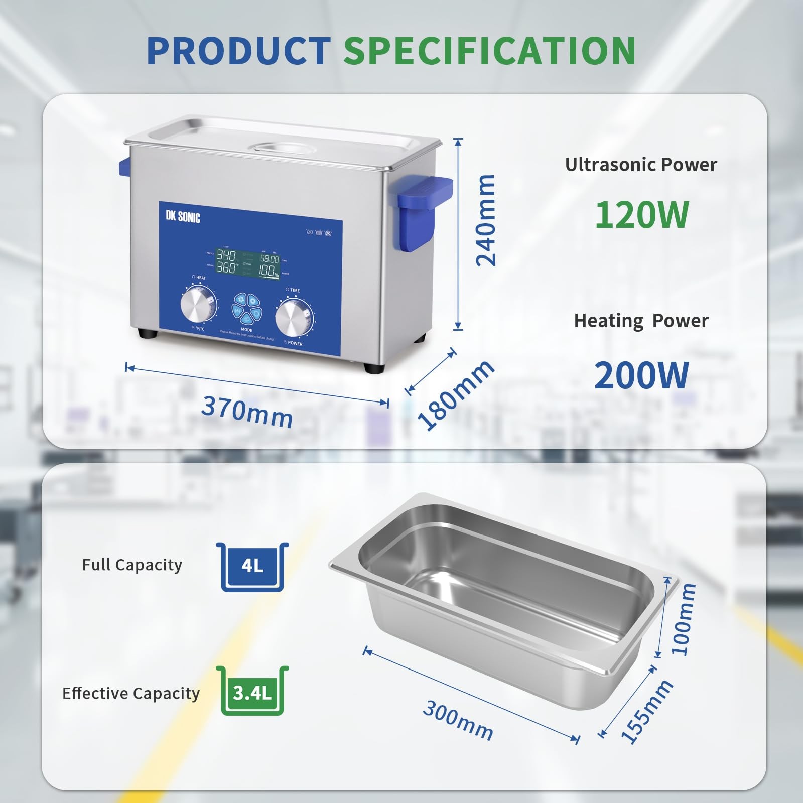 4L 120W Ultrasonic Cleaner, 200W Heater with 1-199min Timer & Power Adjustabl…