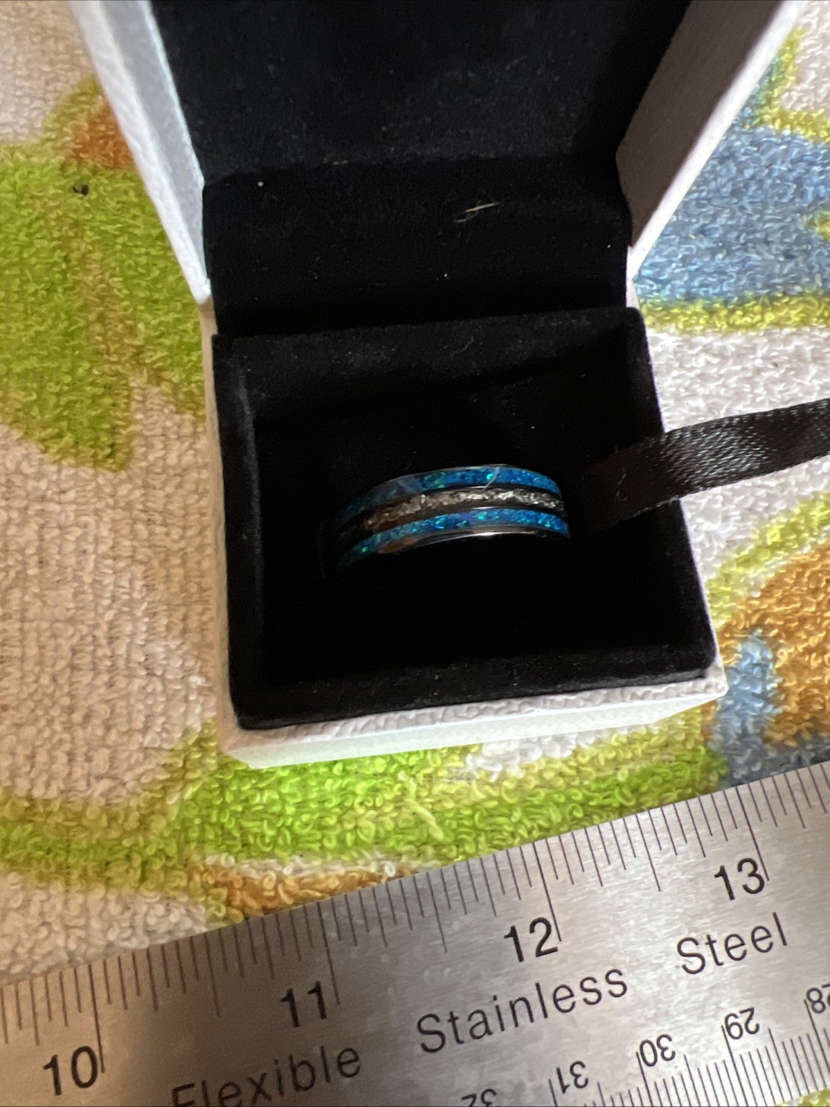 Black Titanium Ring [8mm width] Azure Blue Opal & Meteorite Comfort Dome Fit ￼