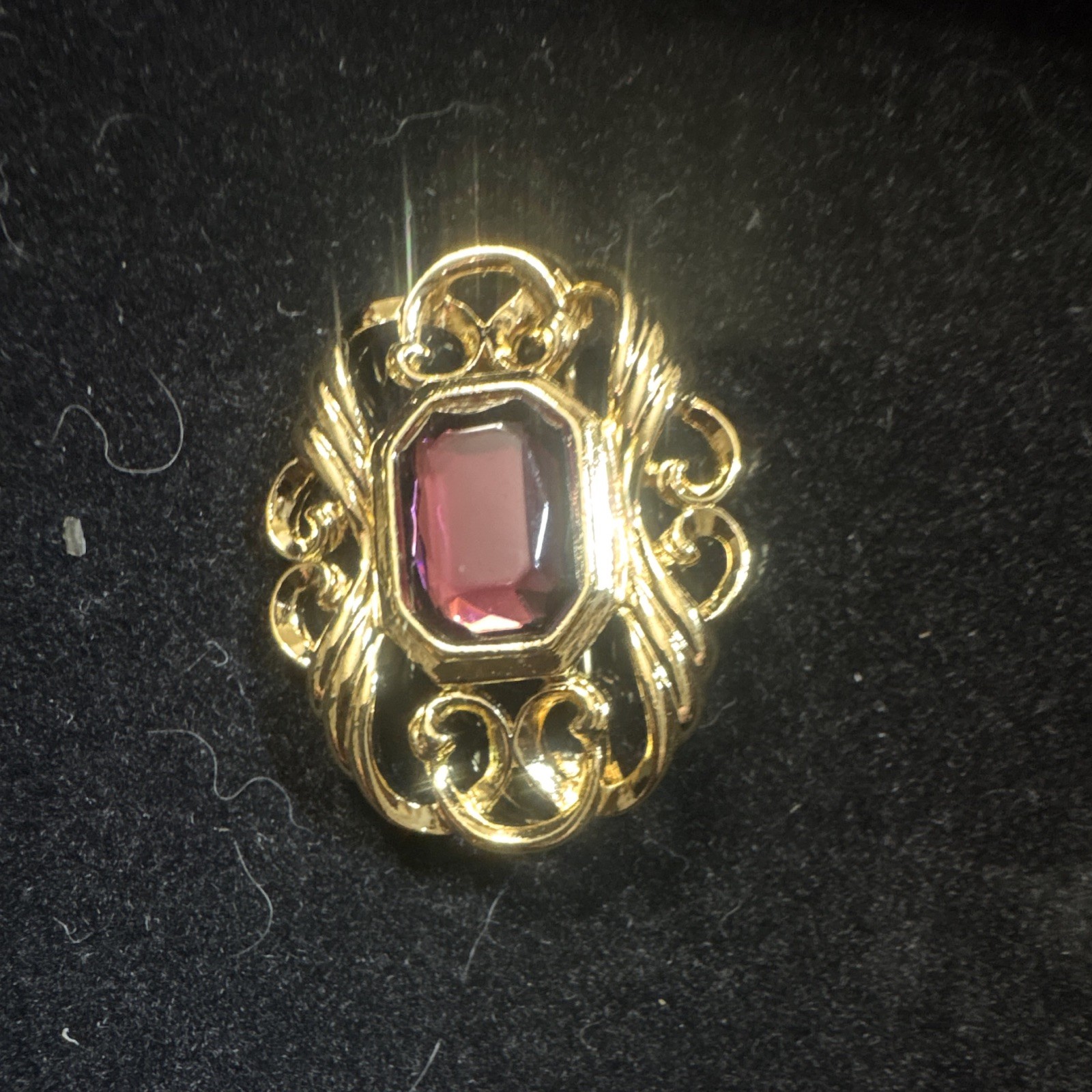 Gold Tone Filigree Oval Brooch Pin, Pink Octagon Glass Stone, Bezel Set