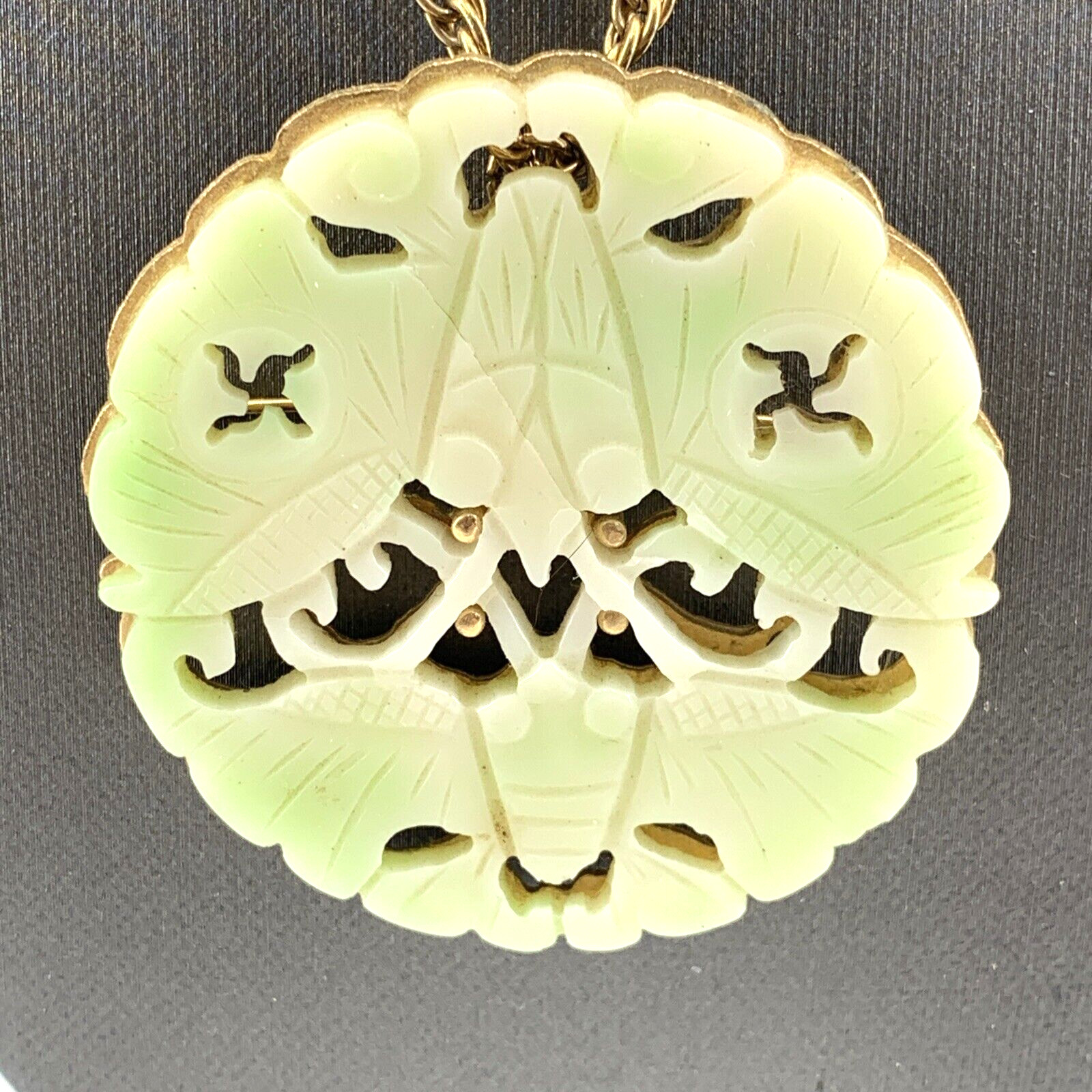 Hobe Necklace Brooch Dragonfly Asian White Open Work Gold Tone Statement 2″ Lrg
