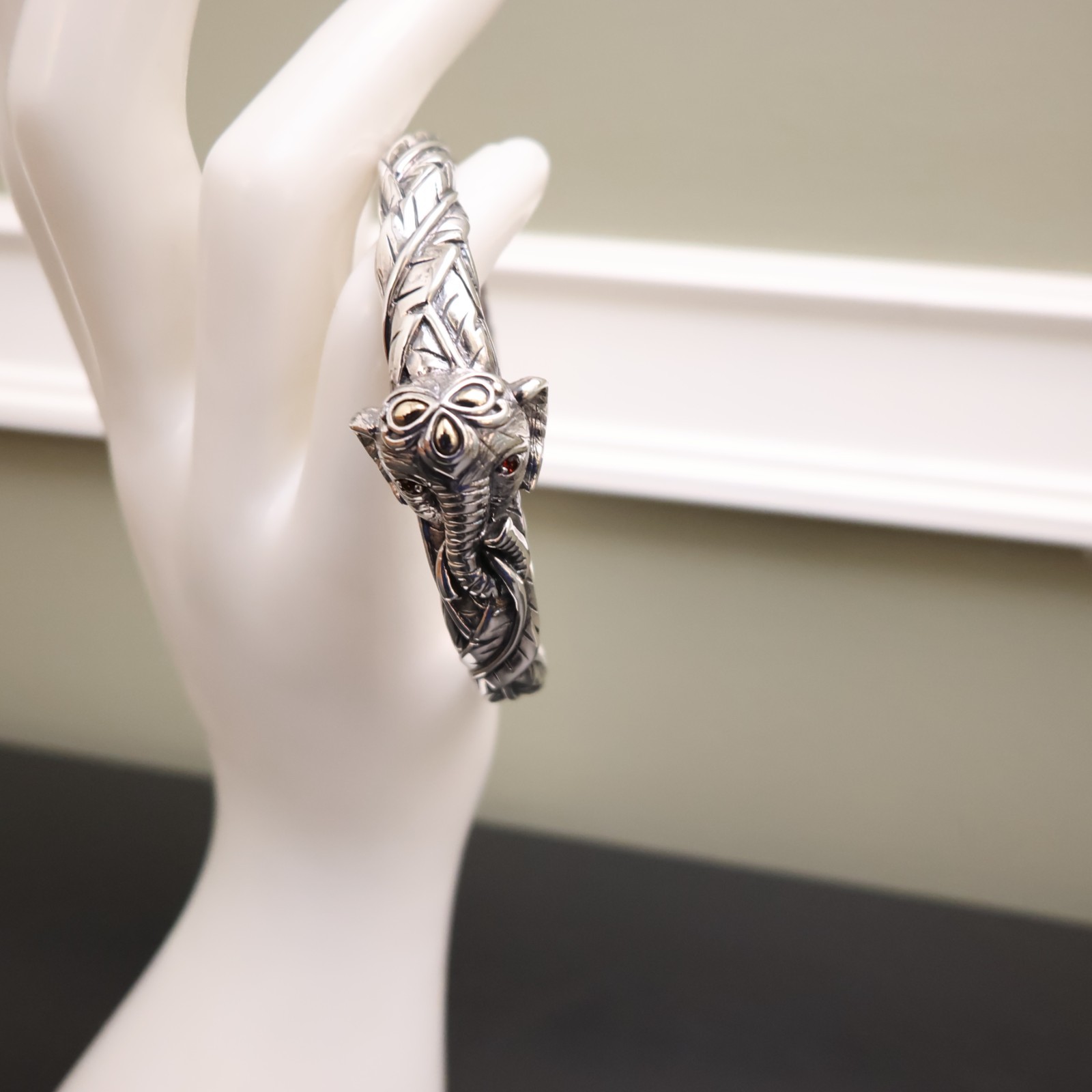 Jai bracelet elephant 925 sterling silver 14K gold hinged cuff garnets Sz 6.75in