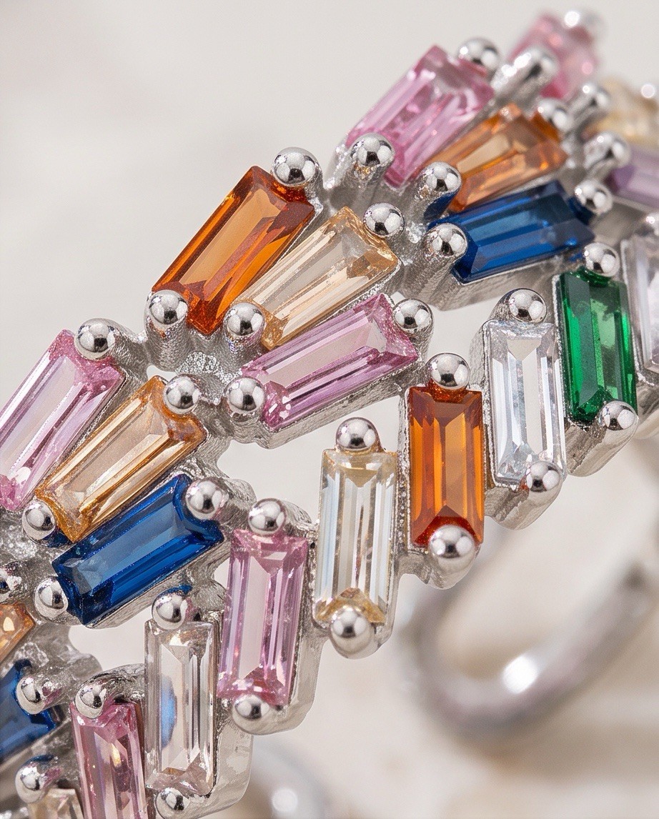 Multi-Color Rainbow Gemstone Ring – Silver Plated Adjustable (Fits Sizes 6–9)