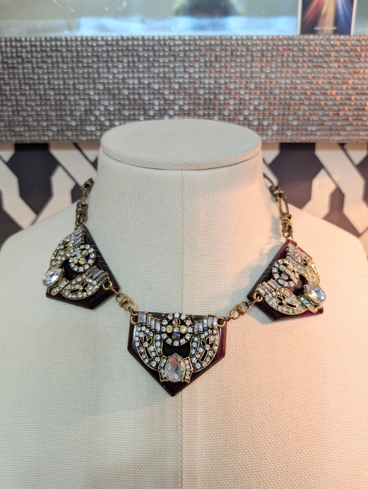 Stunning Necklace With 3 Dark Amber Pendants W/Large Sparkling Rhinestones