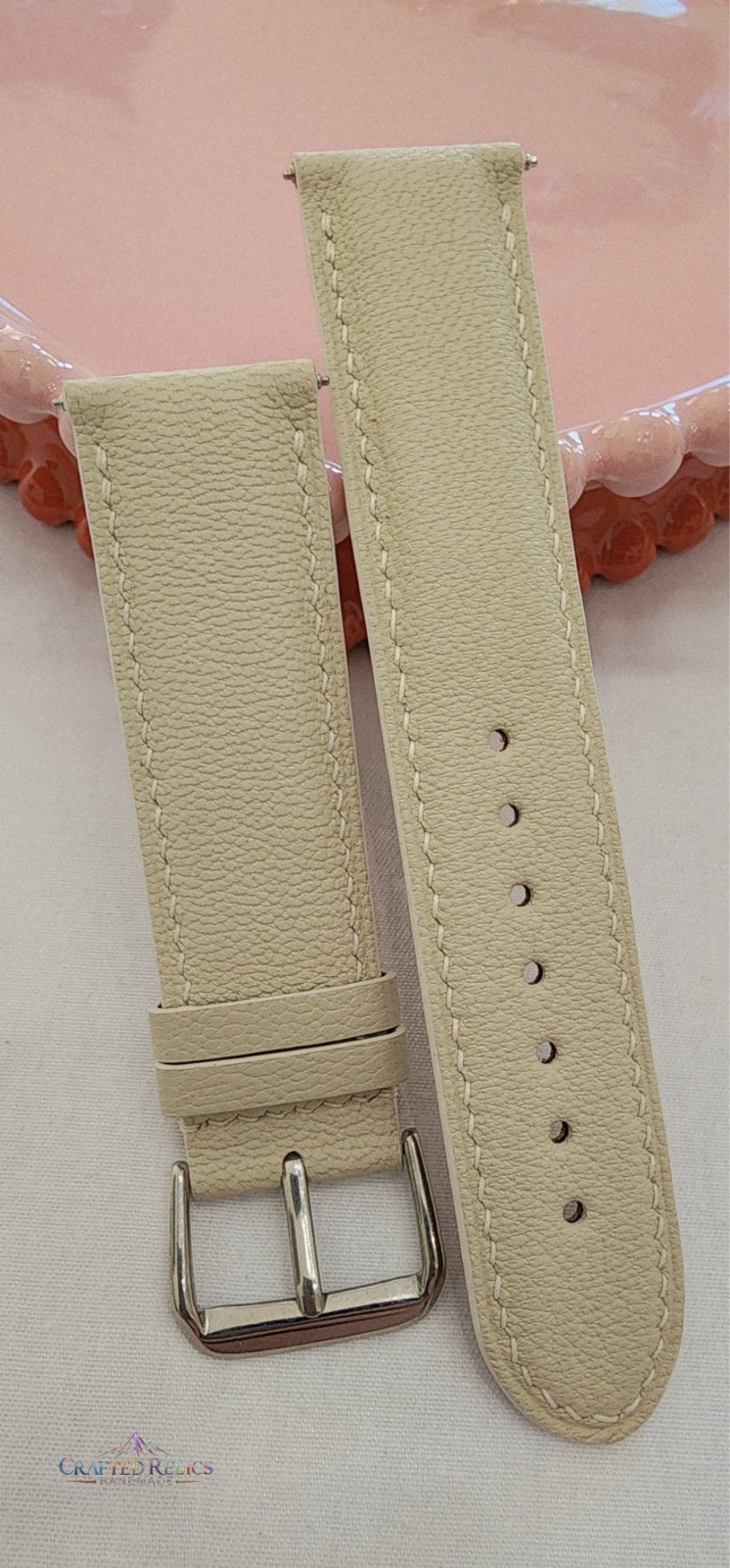 22mm Handmade Ivory French Sheepskin Leather Watch Strap Cream White 22-20